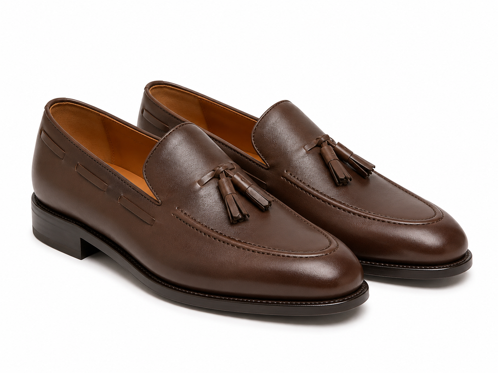 Mocassin à Pompons en Cuir & Marron