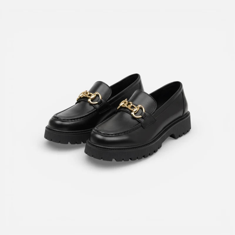 Mocassin Plateforme Femme Noir Chainette Dorée
