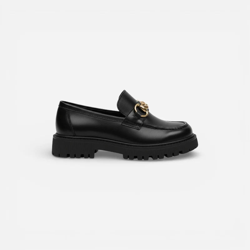 Mocassin Plateforme Femme Noir Chainette Dorée