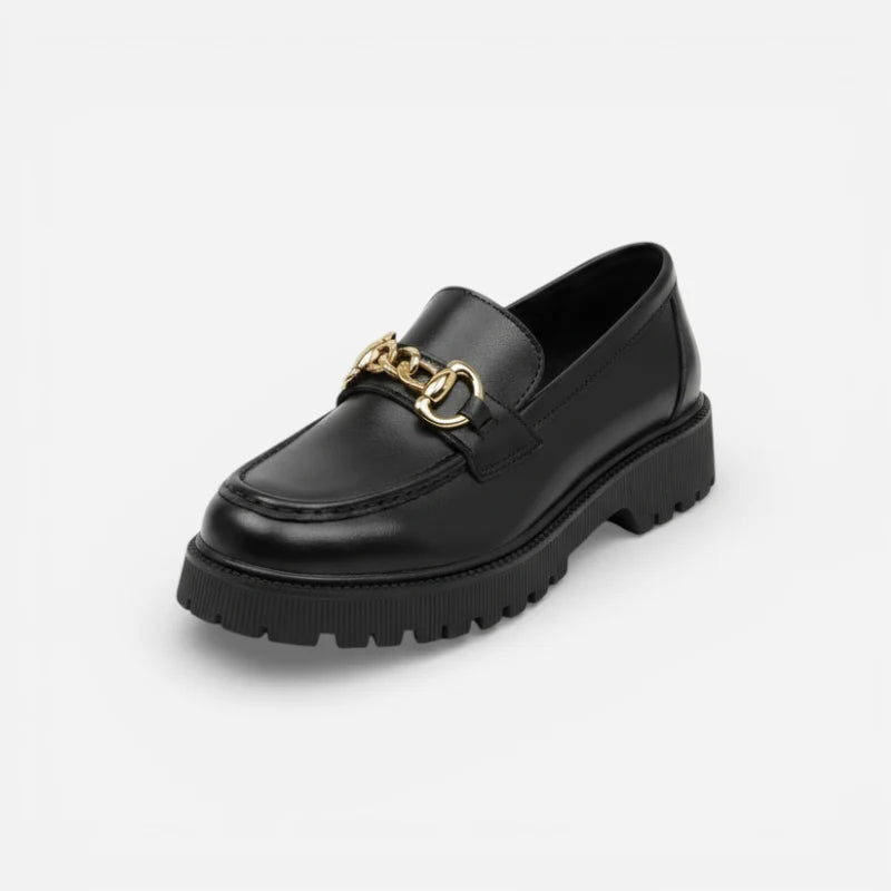 Mocassin Plateforme Femme Noir Chainette Dorée